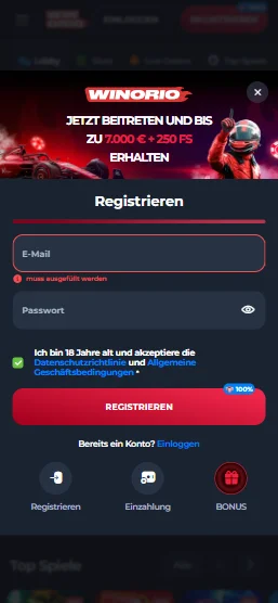 Winorio Casino Registrierung